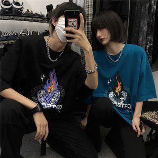Short-sleeve Lettering Flame Print T-shirt