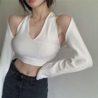 Set: Halter-neck Crop Tank Top + Long-sleeve Shrug