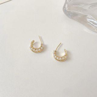Faux Pearl Alloy Open Hoop Earring 1 Pair - 01 - Silver Stud - Gold - One Size