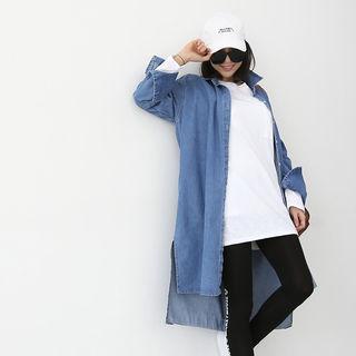 Slit-side Long Denim Shirt