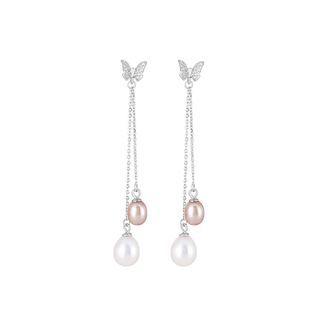 Sterling Silver Fashion And Elegant Butterfly Freshwater Pearl Tassel Earrings With Cubic Zirconia Silver - One Size