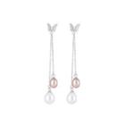 Sterling Silver Fashion And Elegant Butterfly Freshwater Pearl Tassel Earrings With Cubic Zirconia Silver - One Size