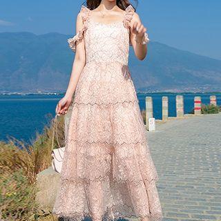 Flower Print Cold-shoulder Maxi Tiered Dress Xz19b1967 - As Shown In Figure - L