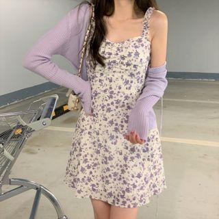 Spaghetti-strap Floral Print Dress / Cardigan