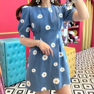 Short-sleeve Floral Print Mini A-line Denim Dress