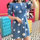 Short-sleeve Floral Print Mini A-line Denim Dress