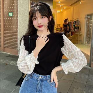 Long-sleeve Lace Panel Frill Trim Top