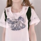 Short-sleeve Bear Embroidered Blouse White - One Size
