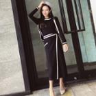 Set: Contrast Trim Long-sleeve Knit Top + Midi Straight-fit Knit Skirt