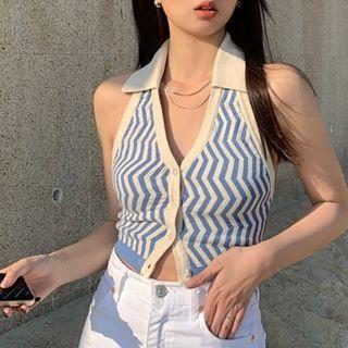V-neck Open-back Striped Top Blue - One Size