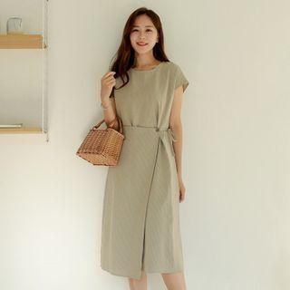 Cap-sleeve Pinstriped Linen Blend Wrap Dress