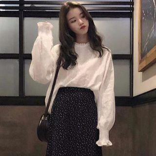 Bell-sleeve Perforated Top / Midi A-line Dotted Skirt