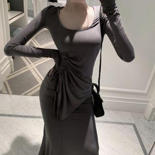 Long-sleeve Ruched Top / Ruffle Hem Midi Sheath Dress