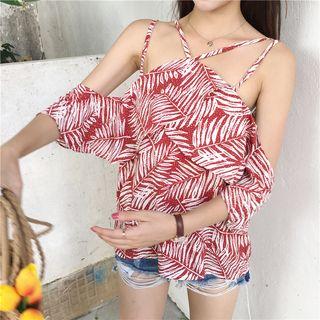 Leaf Print Cold Shoulder Top