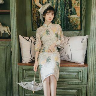 3/4-sleeve Floral Embroidered Mesh Midi Sheath Dress