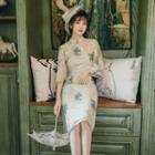 3/4-sleeve Floral Embroidered Mesh Midi Sheath Dress