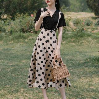 Set: Short-sleeve T-shirt + Suspender Midi Dotted Skirt