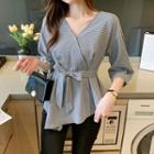 3/4-sleeve Check Tie-waist Blouse
