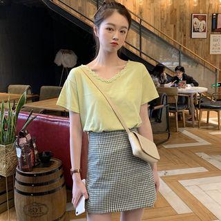 Crochet Trim Short Sleeve T-shirt / Mini Gingham A-line Skirt