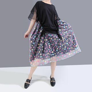 Sheer Panel Short-sleeve Midi A-line Dress As Shown In Figure - One Size