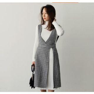 Set: Turtleneck Long-sleeve Knit Top + V-neck Plaid Sleeveless Dress