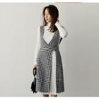 Set: Turtleneck Long-sleeve Knit Top + V-neck Plaid Sleeveless Dress