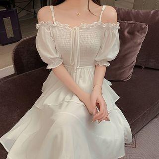 Cold-shoulder Ruffle Trim Layered Midi A-line Dress