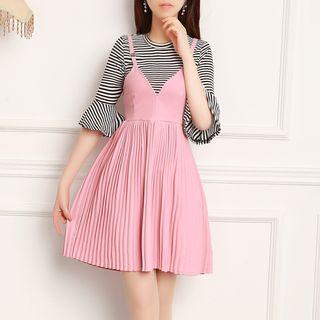 Set: Striped Elbow Sleeve Top + Pleated Hem Slipdress