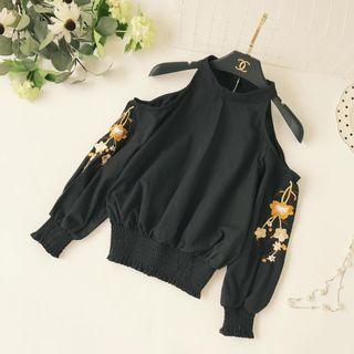 Cold Shoulder Flower Embroidered Blouse
