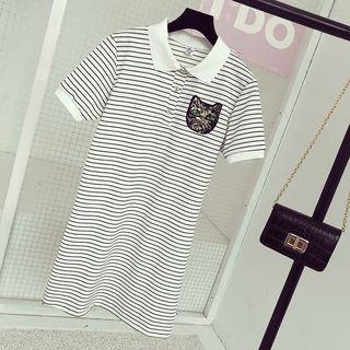 Short-sleeve Cat Embroidery Striped Polo Shirt