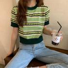 Heart Print Striped Short-sleeve Knit T-shirt Avocado Green - One Size