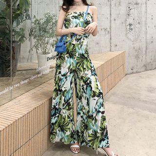 Leaf Print Wide-leg Strapless Jumpsuit