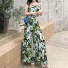 Leaf Print Wide-leg Strapless Jumpsuit