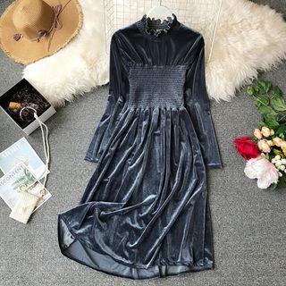 Long-sleeve Smocked Velvet Midi A-line Dress