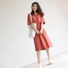 Plain Tie-waist Elbow-sleeve Shirtdress