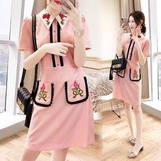 Short-sleeve Embroidered Collared A-line Dress