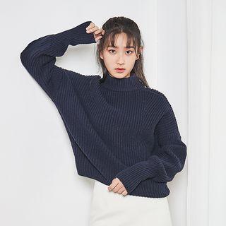 Mock-neck Balloon-sleeve Rib-knit Sweater