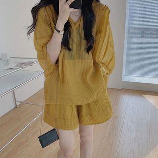 Set: Puff-sleeve Hooded Top + Shorts