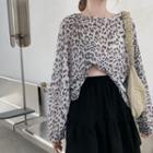 Long-sleeve Leopard Print Sheer T-shirt / A-line Mini Skirt