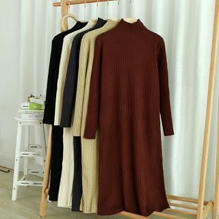 Mock-neck Striped Plain Knit Long-sleeve Dress