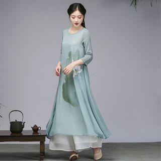 3/4-sleeve Floral Chiffon A-line Midi Dress / Wide-leg Chiffon Pants