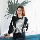 Ruffled Striped Knit Top With Brooch