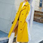 Striped Panel Double-breasted Midi Trench Coat