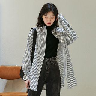 Striped Shirt / Mock-turtleneck Long-sleeve Top