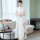 Long-sleeve Frog Button Floral Print Midi A-line Dress