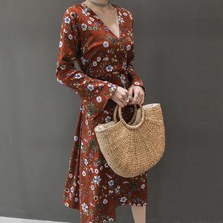 Surplice-wrap Floral-pattern Midi Dress