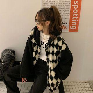 Diamond Pattern Fleece Zip Jacket Milky White & Black - One Size