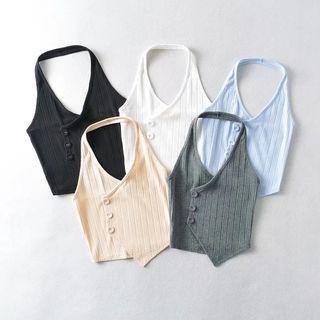 Halter Asymmetrical Button-up Crop Tank Top
