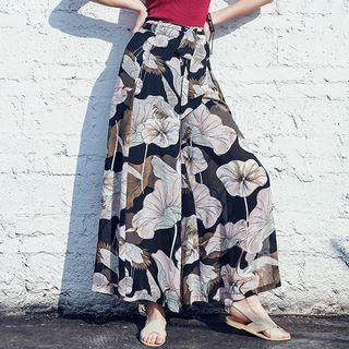 Floral Print Slit-side Wide-leg Pants