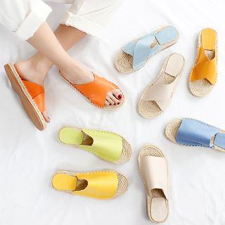 Faux Leather Paneled Woven Slide Sandals